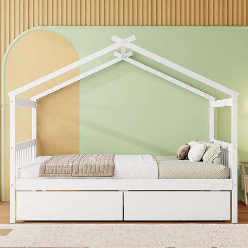 Image of Full Size House Platform Bed with Roof and 2 Drawers, Solid Wood House Daybed Frame with Headboard and Slat Support for Kids Teens Girls Boys Bedroom, Can Be Decorated (White-03, Full)