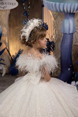 GZCYL Ivory Pageant Dress for Girls Off Shoulder Feathers Sparkly Flower Girls Dresses for Wedding Ball Gowns4