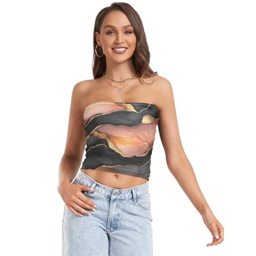 Tops cortos de moda para mujer para lactancia, Mármol Negro Melocotón, Small