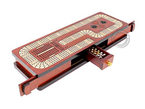 House of Cribbage - Tabla de cribbage continua con incrustaciones de madera de sangre/arce: 4 pistas, cajón de almacenamiento de tarjetas y clavijas con campos de marcado de puntuación para zorrillos,