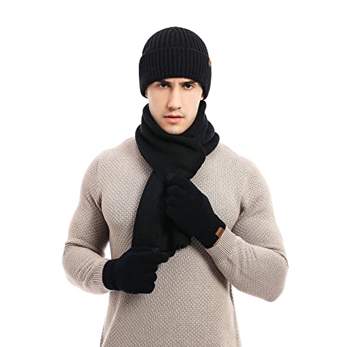 Juego de gorro, bufanda y guantes de invierno para hombre con forro polar grueso, Negro , Talla única Cover