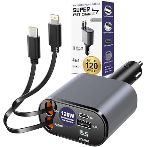 Multi Charge Pro Car Charger USB C and Lightning Car Charger Fast Charging, 120W 4-Port USB-C & USB-A and Lightning Android, Tablets High-Speed Charging Retractable Car Charger Retractable Cord Cover