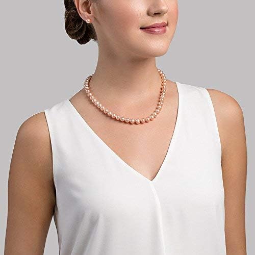 The Pearl Source 8-9mm AAA Quality Round Peach Freshwater Cultured Pearl Necklace for Women in 17" Princess Length