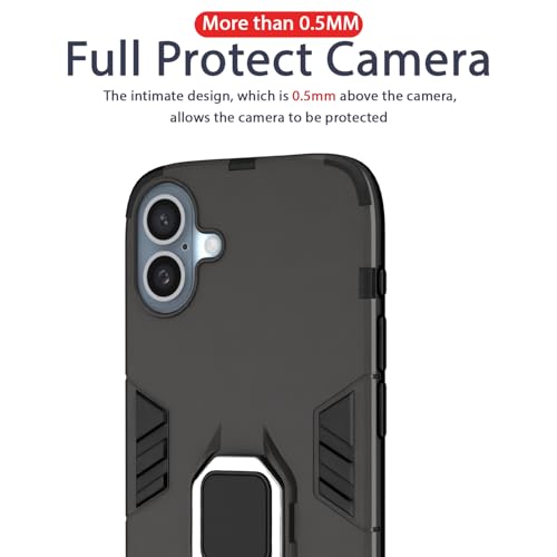 Image of Pikkme D5 Tough Armor Back Cover | 360 Protection Case | Ring Holder Stand Bumper Case for iPhone 16 (Black)