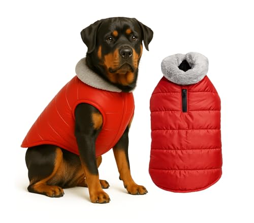 Image of The Pets Company Dog Winter Coat Jacket, Clothes, Windproof, Waterproof, Light Weight, Washable, Ultra Warm Thick Fleece Lined Dog Vest for Cold Weather Protection, (Red, X-Large - 28 Inch)