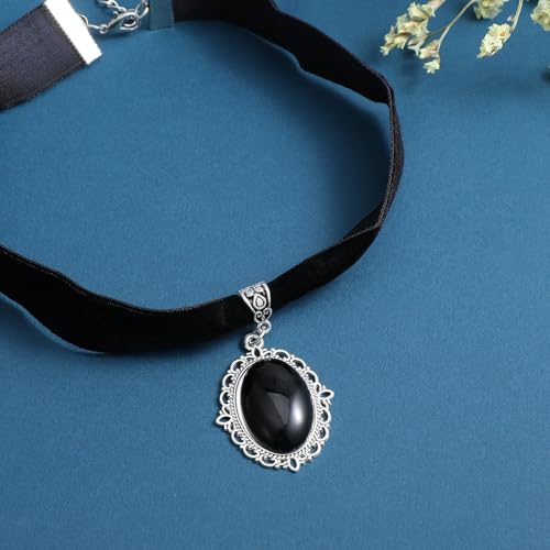Telooco Trachtenkette Damen Schwarz Gothic Choker Halskette mit Diamanten Verstellbar Gothic Halsreif Vintage Samt Halsband mit Anhänger Schmuck für Mädchen Braut Vampir Halloween Cosplay