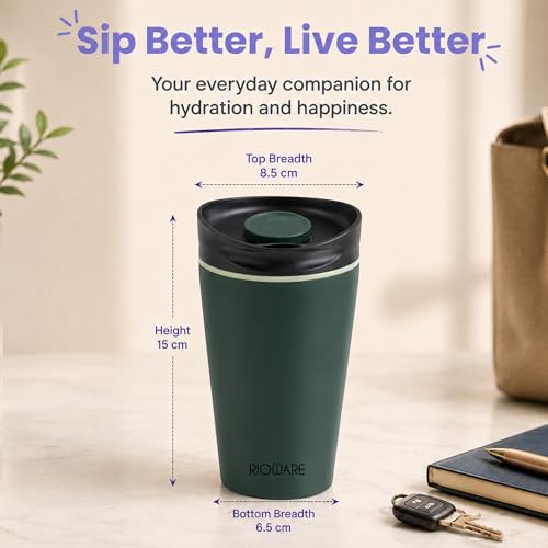 Image of Rioware Vacuum Insulated Coffee Mug Travel Tumbler for Men | Tea Thermos Flask Mugs | Temperature Control Traveling Spill Proof Sipper Bottle | Hot 8 Hrs & Cold 12 Hrs - 350ml - Green