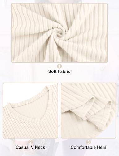Image of Koscacy Women Plus Size Casual Knit Sweater V Neck Solid Color Tops Lightweight Long Sleeve Blouses