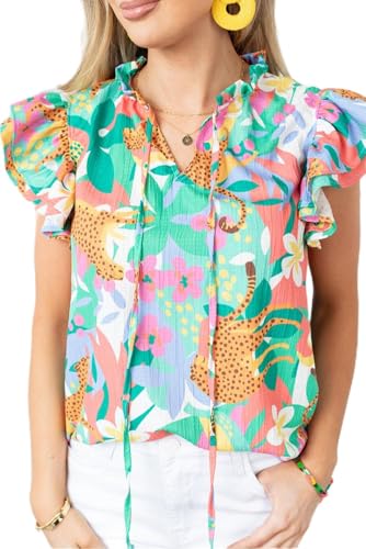 Green Frilly Ruffle Tie Split Neck Summer Floral Blouse