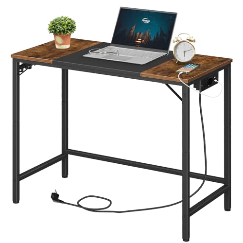 HOOBRO Escritorio, Mesa de Estudio con Regleta, Escritorio de Estilo Industrial con 3 Ganchos, Marco de Metal, para Oficina en Casa, Teletrabajo, Salón, Marrón Rústico y Negro EBF40CDN01N1