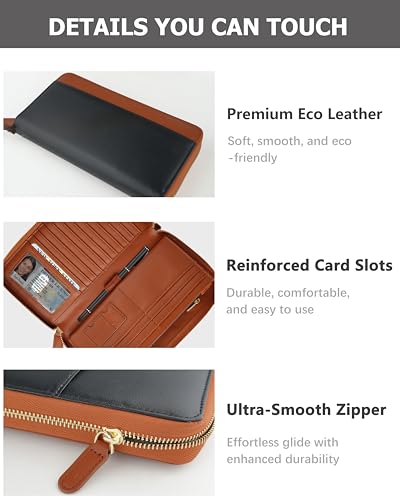 Large Travel Wallet for Women,RFID Zipper Wallet with AirTag Slot,Passport Holder Clutch with Wristlet4