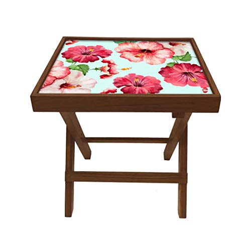 Image of Nutcase Designer Teak Wood Side Table Folding Wooden Bedside Coffee Outdoor Picnic Table - Hibiscus Floral