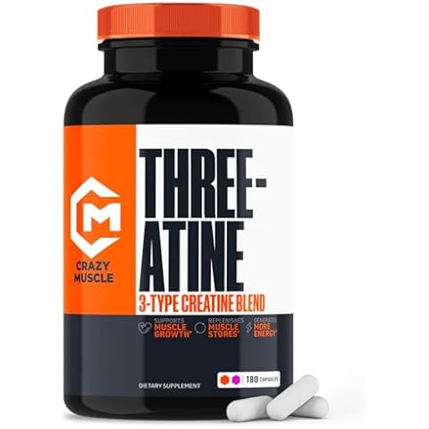 Creatine Capsules - 5g of Premium 3X ThreeAtine Pre Workout Bulk Muscle Mass Gainer - High Absorption Easy-to-Take Creatine Monohydrate Capsules Optimum Performance for Men Women - 180 Capsules Cover