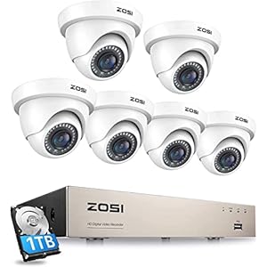 ZOSI 5MP Lite Security Cameras System with 1TB Hard Drive,H.265+ 8Channel DVR and 6pcs 1080P HD 1920TVL Indoor Outdoor Surveillance CCTV Dome Cameras,Night Vision,Remote Access,for 24/7 Recording