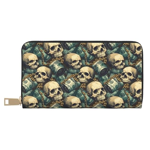 Leather Thin Slim Wallets for Women Men - Fashion Gold Chain Skull Print Card Wallet Holder with Zipper