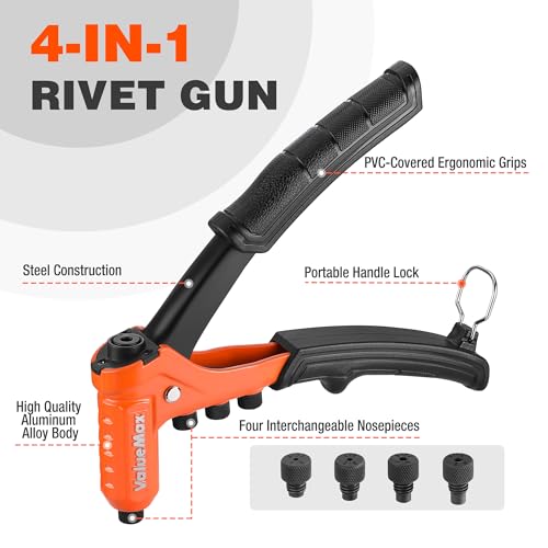 Image of ValueMax 4-in-1 Rivet Gun, Heavy Duty Pop Rivet Gun Kit with 200 Rivets - 3 /32 inch, 1 /8 inch, 5 /32 inch, 3 /16 inch, 4 Interchangeable Nosepieces, Drill Bits, Rivet Tool for Metal, Plastic, Leather
