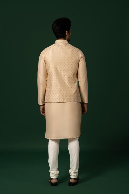 Image of KISAH Men Printed Kurta Jacket Set, Full Sleaves, Knee Length, Straight, Regular Fit, Mandarin Collar Ethnic Wear