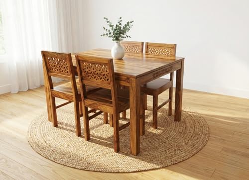 Image of RECTART Solid Wood Dining Table Set with Chairs for Living Room Home | Wooden Dining Room Sets Furniture for Hotels and Restaurants | (CNC-Top-N, 4 Seater)