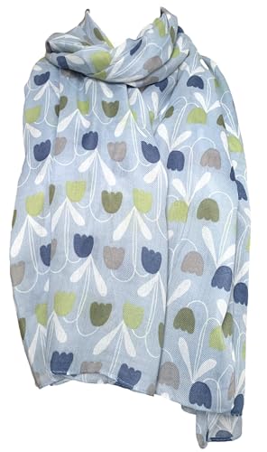 Écharpe légère pour femme vert et gris au motif tulipes printanier