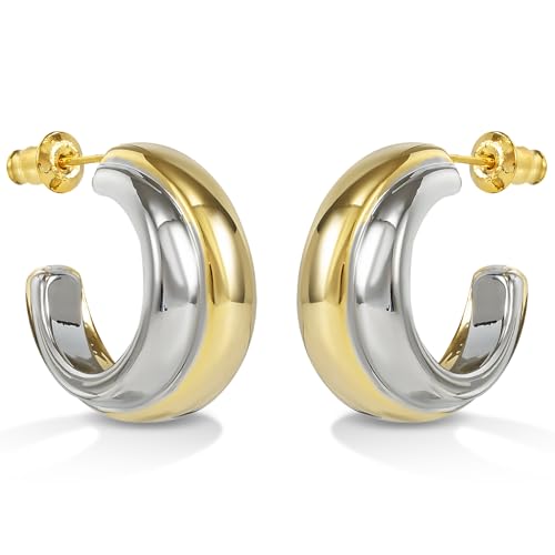 Two Tone Hoop Earrings for Women,Trendy Sterling Silver Gold C Shaped Hoop Earrings for Girls Classic Lightweight Hoops Earrings
