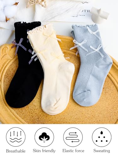 Urieo Toddler Socks Ruffle Crew Socks Baby Girls Cotton Bow Socks Daily Outdoor Party for 6-12 Months2