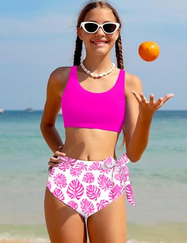 Image of Girls Tankini Swimsuits Tropical Print Bathing Suit Two Piece Girls' Swimwear with Tie Side Knot 9-16T