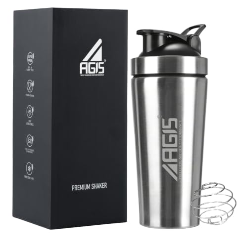 Image of AGIS Steel Shaker Stainless Steel 700ml Leakproof Shaker Bottle with Measurement Marking, Perfect for Fitness Enthusiast & Athletes, Ideal for Mixing Protein Shakes & Pre-Workout Formula (Silver)