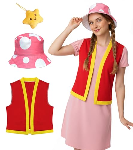 Toad Costume Adult Toadette Toad Vest Mushroom Hat Unisex Halloween Cosplay Costume Women Men Party Dress Up Set L Red