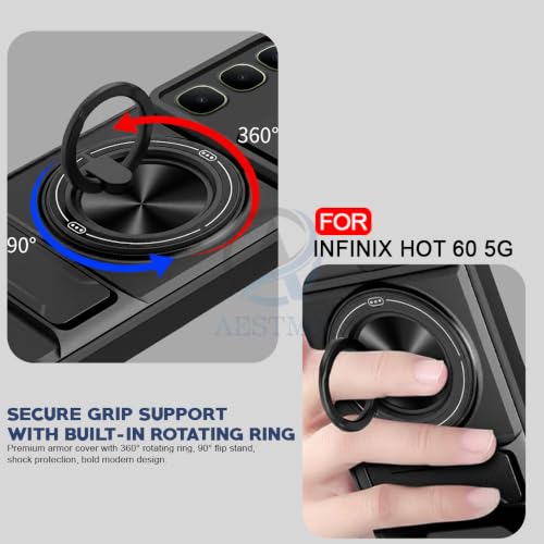 Image of AESTMO Infinix Hot 60 5G Back Cover | Armor Camera Slider 360 Degree Rotating Finger Ring Holder Case with Bracket Stand Back Case Cover (Compatible with MagSafe Accessories) (Black)