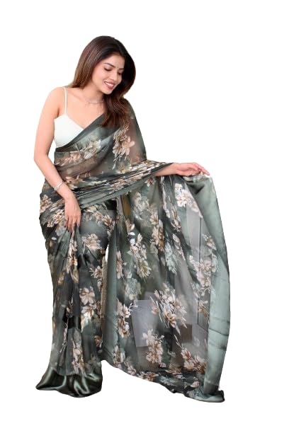GHAN SALS Women's Printed Georgette With Sattin Saree With Unstiched Blouse