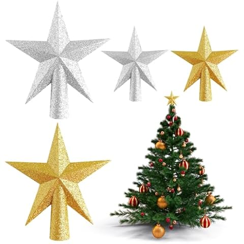 PRAVICS Glitter Mini Christmas Tree Topper, Small Christmas Tree Decoration Treetop for Christmas Tree Party Holiday Home Decor (Gold/Silver, 2.36Inch/ 4.33Inch) Cover