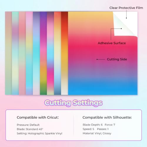 Image of HTVRONT Rainbow Permanent Vinyl 10 Sheets 12 inchx10 inch Gradient Adhesive Vinyl