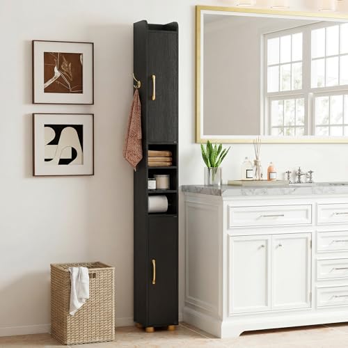 Image of Tangkula Narrow Bathroom Cabinet, 69.5 inch Tall Storage with 2 Doors & Adjustable Shelves, Toilet Paper Rod & Side Hook, Anti-toppling Design, Slim Floor Cabinet for Small Spaces (Black, 1 Pack)