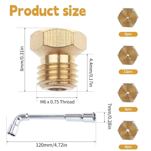 30 Stück Gasdüsen für Gasgrill, Butangas Düsen Messing (0,50/0,70/0,87/1,02) Universal Brennerdüsen mit Steckschlüssel M7 Butangasdüsen für Gasherdbrenner Nozzle Replacement Parts