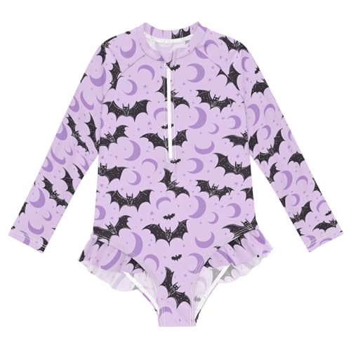 Girls Swimsuits Long Sleeve Bathing Suits Halloween Bat UPF 50+ Sun Protection Swimwear 3-12 Years