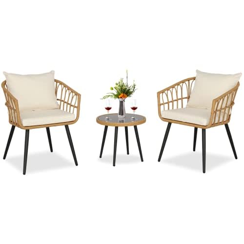 3 Piece Outdoor Bistro Set Patio Set Balcony Furniture Outdoor Furniture Rattan Chair Conversation Sets with Side Table for Porch, Backyard, Balcony (Brown/Ecru White)