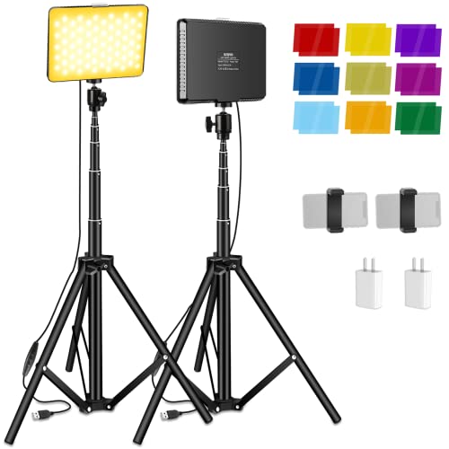 2 Packs Video Lighting Kit, Sutefoto Led Light for Video Photography, Starter Light Kit with Two Adjustable Tripod, Dimmable Brightness and Color Temperature, Changeable 9 Color Filters