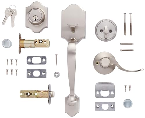 Image of Amazon Basics Front Door Lock Set, Handleset with Shelby Lever, Single Cylinder, Easy to Install, Satin Nickel
