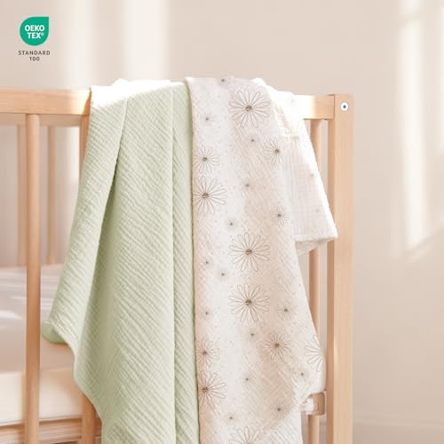 Image of lulumoon Muslin Swaddle Blankets for Baby: Cotton & Soft Receiving Blanket for Newborn with Flower Printed- Neutral Gift for Baby Shower 2pack(GreenDaisy)