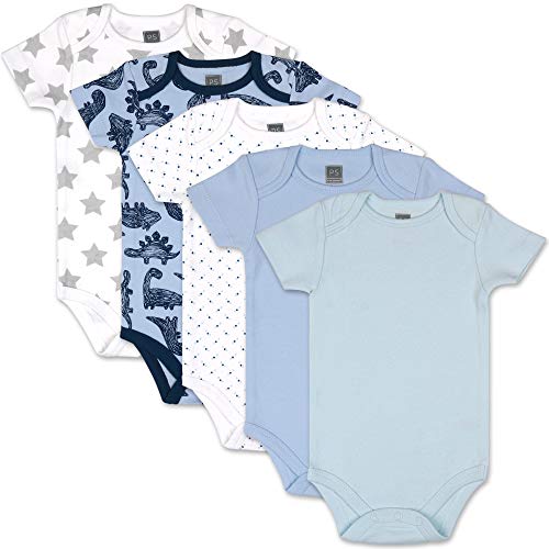 The Peanutshell Dinosaurs and Dots 5 Pack Short Sleeve Baby Bodysuits in Blue, Navy, and Grey (24M)