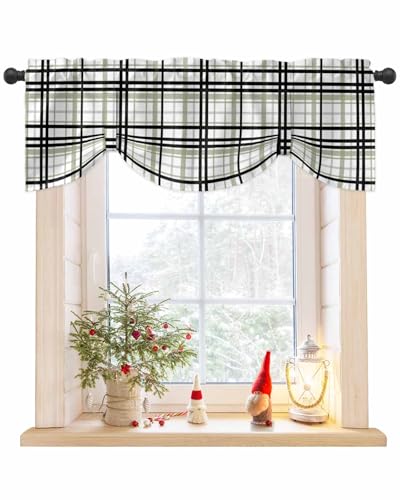 DecorLovee Sage Green Black Plaid Tie Up Valances for Windows, Kitchen Curtains Valance, Farmhouse Green Black Checkered Rod Pocket Window Treatment Tiers Curtains for Living Room/Bedroom 42"x18"