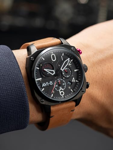 Image of AVI-8 Men's 45mm Hawker Hunter Retrograde Chronograph Watch with Leather Strap AV-4052