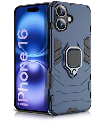 Image of WOW IMAGINE Shock Proof Back Case Mobile Cover for iPhone 16 | Back Cover Case (Tough Armor | Hybrid PC + TPU | Ring Holder & in-Built Kickstand | Blue)