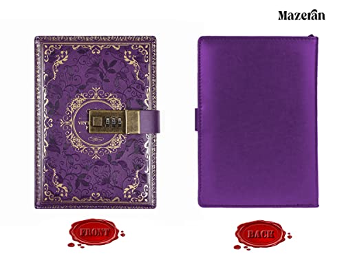 Mazeran Combination Lock Journal, Vintage Elegant Leather Hard Cover Floral Embossed Notebook Diary - Image 2