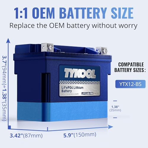 Image of TYKOOL LFP12-BS-PRO, 360CCA, 6Ah, LiFePO4 Lithium Motorcycle Battery,Replaces YTX12-BS, Digital Readout,Fits for Honda TRX250 Recon,Suzuki LT-F250 Ozark,BRP (CAN-AM) DS250 ATV,Polaris RZR UTV