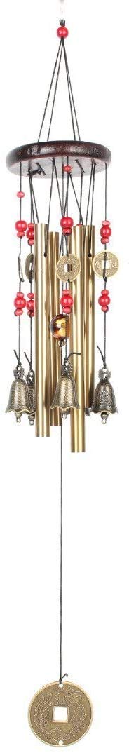 Chianrliu - Campanello a Vento, VI augura la prosperità: Incredibile Tradizionale Cinese, 4 Tubi in Bronzo, 5 Campane e Base in Legno, per Patio Esterno, Giardino e Decorazione Interna