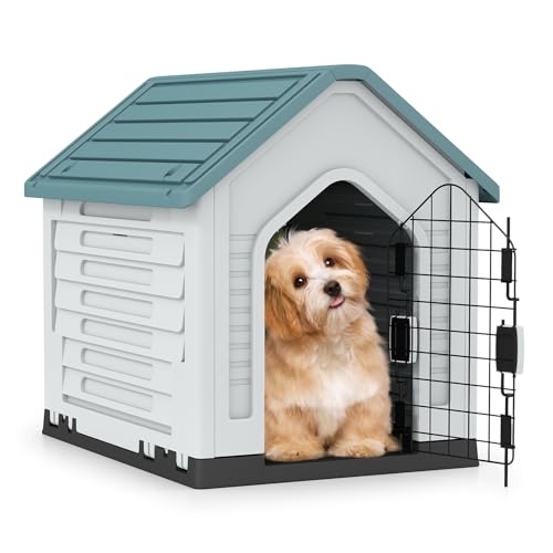 COSTWAY Caseta de Plástico para Perros, Refugio para Mascotas Impermeable con Puerta Metálica con Cerradura, Techo Inclinado y Rejillas de Ventilación, Caseta Perro para Interior y Exterior (Azul)