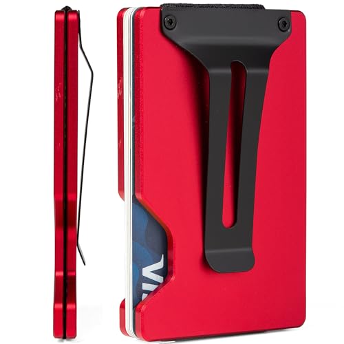 Image of Minimalist Carbon Fiber Wallet for Men, Money Clip Cash Strap Wallet, RFID Blocking Metal Wallet Aluminum Card Holder,Front Pocket Wallet(Matte Red)