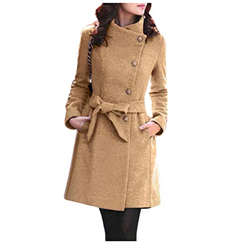 Gergeos Womens Outwear Winter Lapel Coat Trench Jacket Long Sleeve Button Overcoat With Belt (L, Khaki)