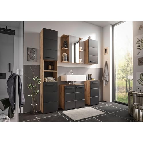 70-565-DR hoge kast VISTA badkamerkast zijkast in Viking Oak/zwart ca. 34 x 190 x 31 cm - Afbeelding 5